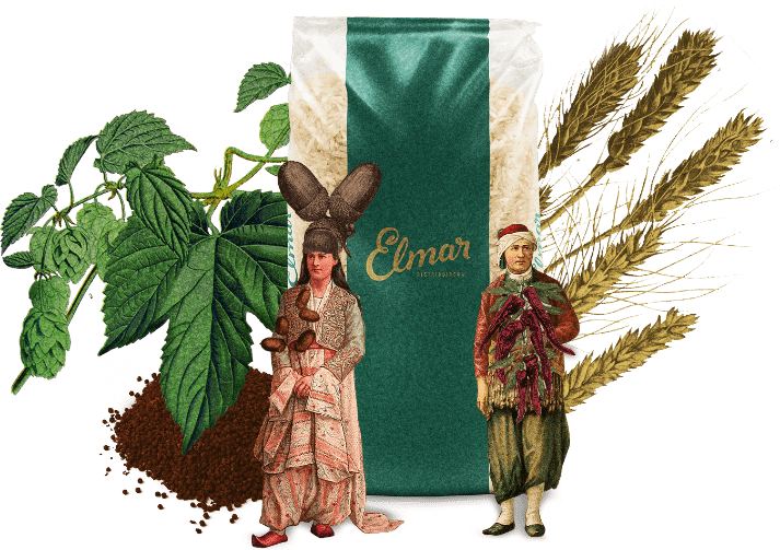 Colagem Elmar: saca branca com goji, cana e frutas secas